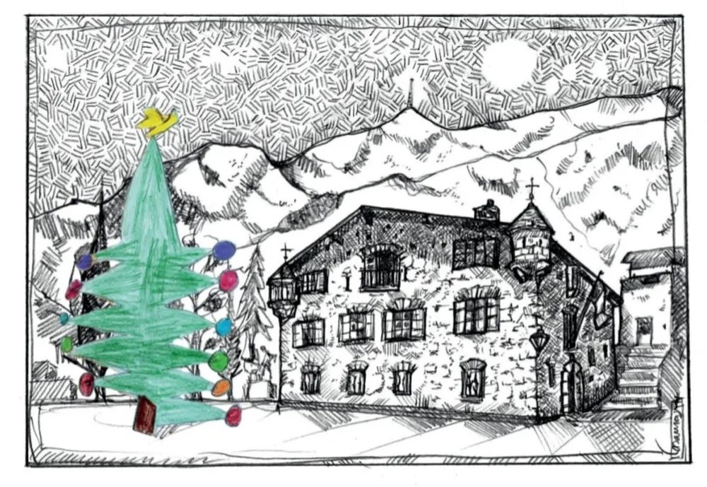 A la imatge es pot veure la Casa de la Vall dibuixada en blanc i negre amb un arbre de Nadal en color.

Aquesta Nadala és fruit de la col·laboració artística entre Coraima Parrilla, del Grup Jove de Xeridell 
de la FPNSM, i l’escultor Jordi Casamajor.