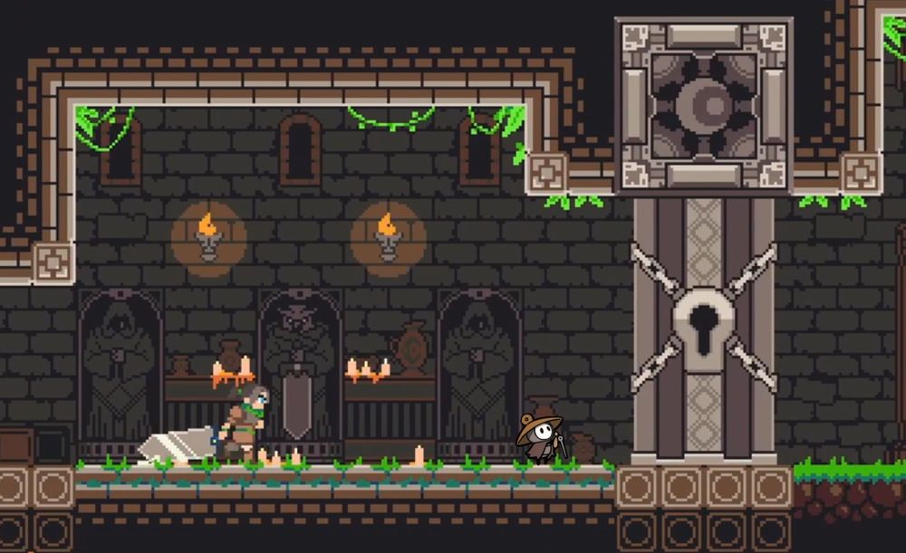 Sherma, the singing pilgrim from Hollow Knight: Silksong, stands in front of a massive locked door in the indie puzzle metroidvania Gigasword. The main character of Gigasword is running up behind him.