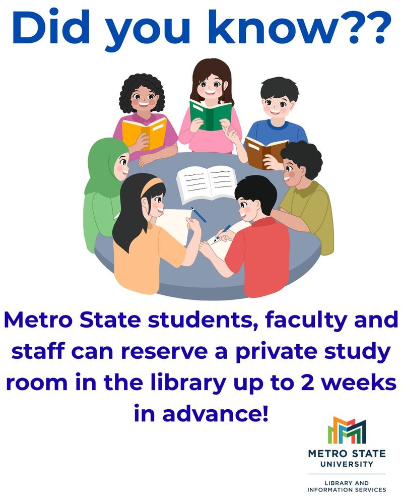  Graphic of students studying in a room together. Also included is the Metro State logo.