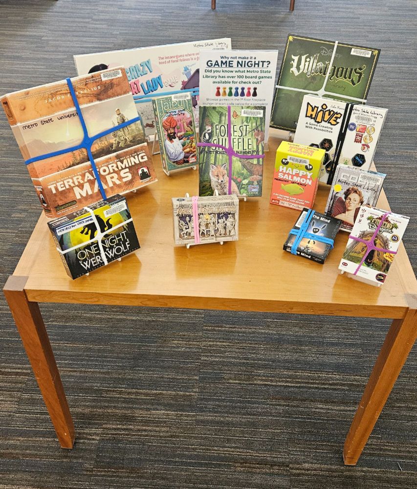 Board games on display at Metro State Library.