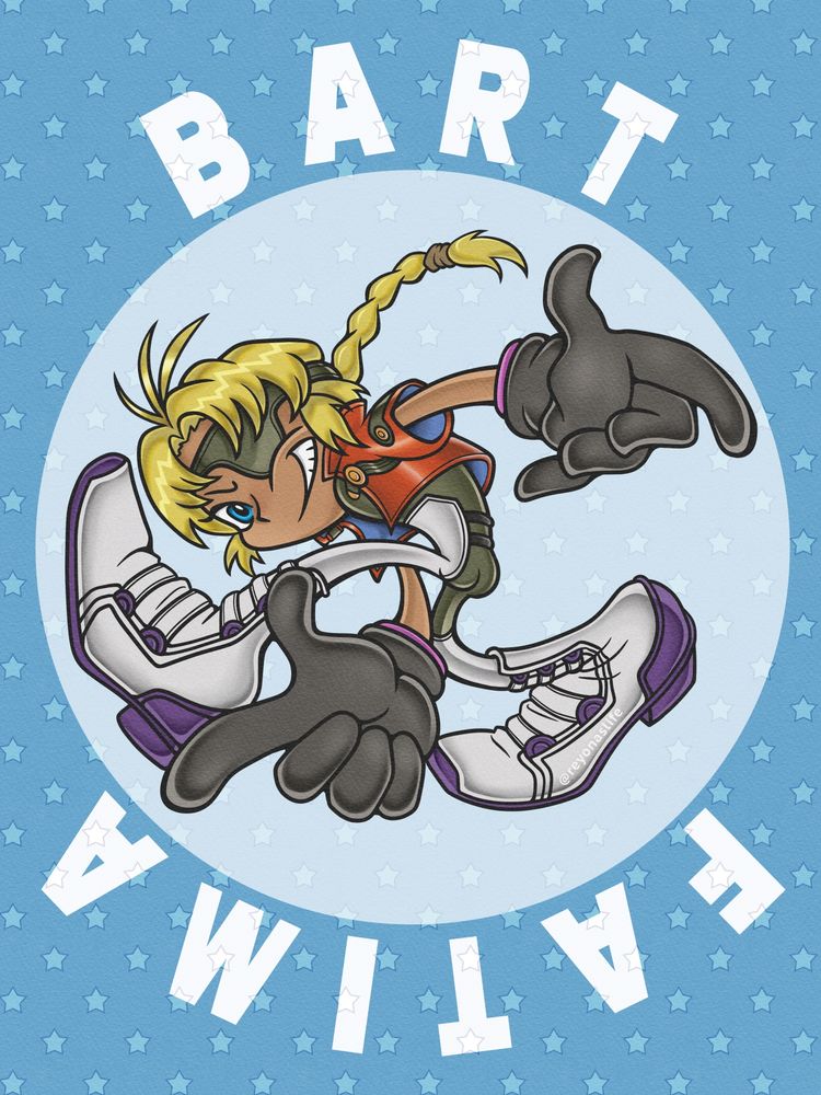 fan art of bart fatima from the video game "xenogears". he is in the Sonic pose from the "Sonic Adventure" games. the background is a light blue color with a gentle star pattern. encircling bart is his name