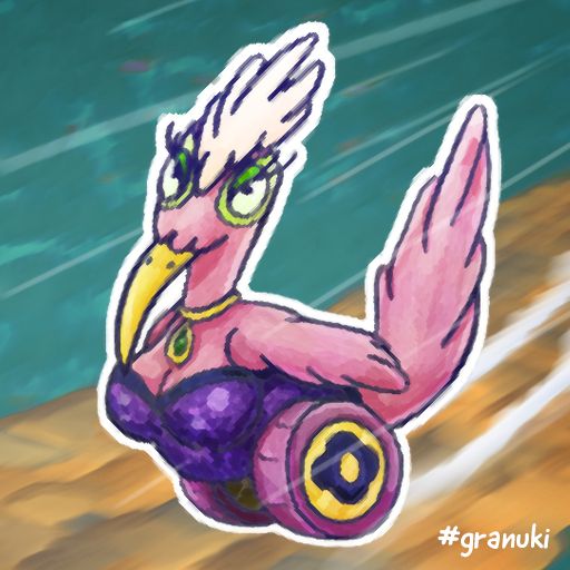 2D concept art of a curvy Roadrunner bird with blinged out tires instead of legs cruising down a path. She is also wearing glam makeup and a glittered corset, not unlike a burlesque dancer. 