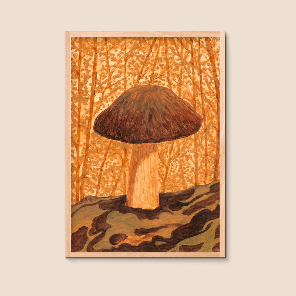 A framed painting of a mushroom with an autumn forest in the background.