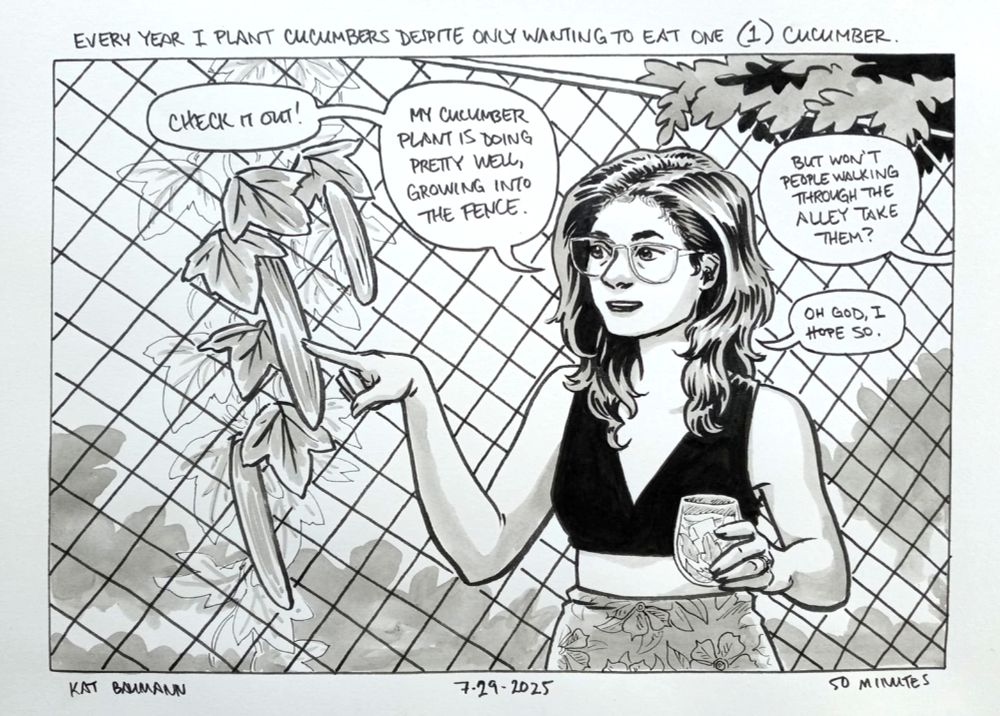 A single panel comic drawn in pen with inkwash shading; the top caption says "Every year I plant cucumbers despite only wanting to eat one (1) cucumber."
In the panel, which is horizontal in shape, I'm standing on the outside of my back yard fence wearing glasses, a crop top and high-waisted floral skirt while holding a cocktail and pointing at a long English cucumber that is growing through the chain link fence. My first speech bubble says "Check it out! My cucmber plant is doing pretty well, growing into the fence." Another speech bubble is coming from off-panel and says "But won't people walking through the alley take them?" I have another small speech bubble that says "Oh god, I hope so."
Beneath the comic is my signature (Kat Baumann), today's date (7-29-2025) and the time I spent drawing this (50 minutes)