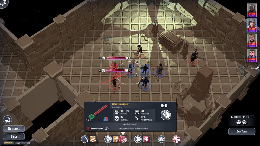 A screenshot featuring a party of adventurers fighting some undead in an underground complex, with a magical light emanating an eerie blue light.