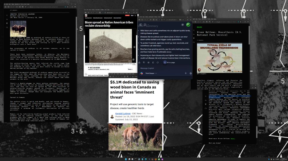 I apologize for the lack of alt text but I think the LLM's can handle this pretty well now actually and if not here's the URL's https://www.cbc.ca/news2/background/bioweapons/anthrax_animals.html https://apnews.com/article/science-travel-health-canada-5a7f69c50b4df6a70cf6dbdc40a932b2 https://www.nps.gov/articles/bison-bellows-6-2-16.htm?utm_source=article&utm_medium=website&utm_campaign=experience_more&utm_content=small https://www.cbc.ca/news/canada/saskatchewan/5-1-million-wood-bison-genome-project-1.6521977 https://copilot.microsoft.com/shares/gqf26ZDcGJsWqPvPT41pu 