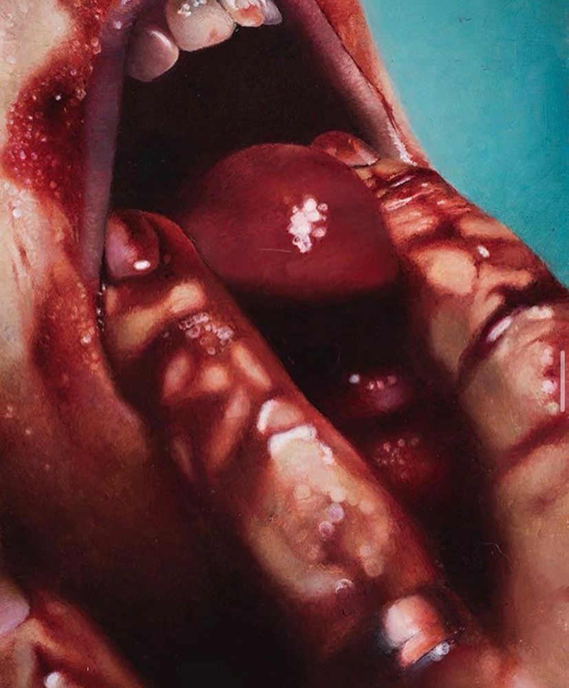 Painting of fingers in a mouth, both covered in blood 