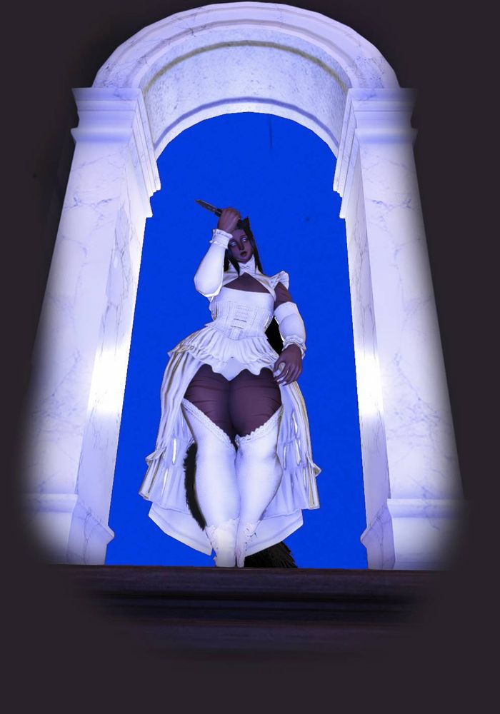 Beau, a feline entity with dark skin and mismatched blue eyes, appears at the top of a doorway-- framed in light against a blue backdrop concentrated within the door. He's walking forward as if heading downstairs toward the viewer, knife in his right hand, tail swishing.