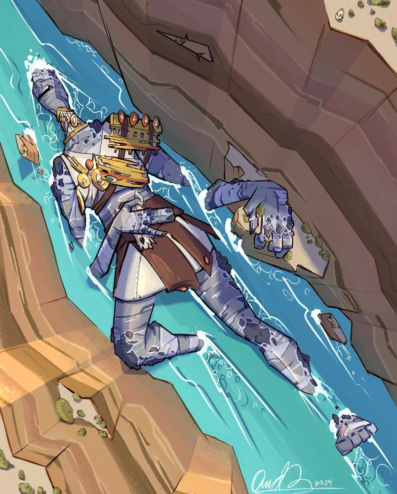 Illustration of a stone giant napping, half submerged in a river, at the bottom of a canyon