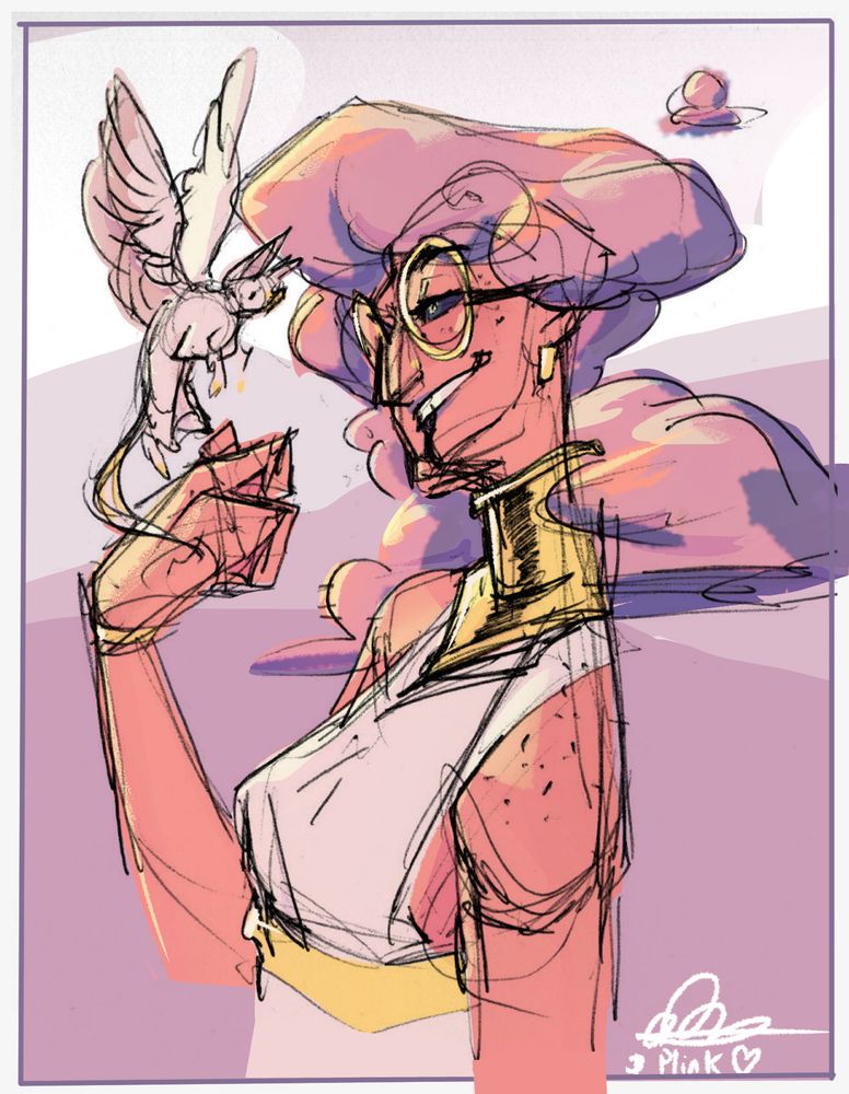 A *colored* bust/ half body rough sketch of Mardrid the giant, turned to the left, with her head tilted up, hair clouds all around her. They are smiling, eyes soft, at a little griffon that is coming to rest on the knuckles of their left hand. Mardrid wears her golden collar and white top combo