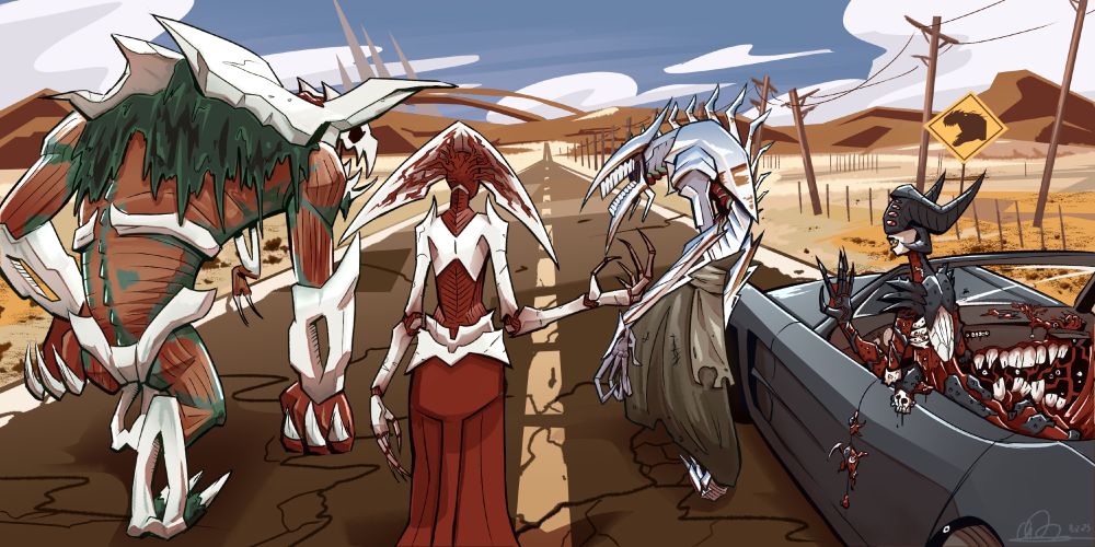 The FF15 promo art, of the 4 boys walking down a desert road. But the boys have been replaced with the Phyrexian Praetors. 
(Minus Urabrask)