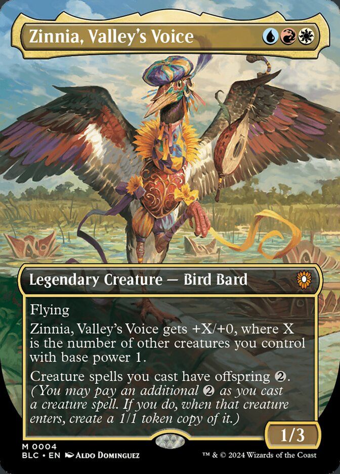 Zinnia, Valley's Voice
{U}{R}{W}
Legendary Creature — Bird Bard
Flying
Zinnia gets +X/+0, where X is the number of other creatures you control with base power 1.
Creature spells you cast have offspring {2}. (You may pay an additional {2} as you cast a creature spell. If you do, when that creature enters, create a 1/1 token copy of it.)