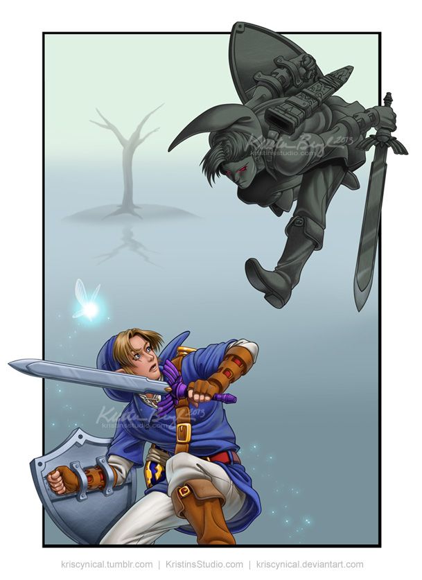 Legend of Zelda illustration titled "Dark Link" of the mini boss battle from Ocarina of Time's water temple. The hue sliders in Photoshop saved my butt when I forgot that Link wears the blue tunic in this temple, not green.