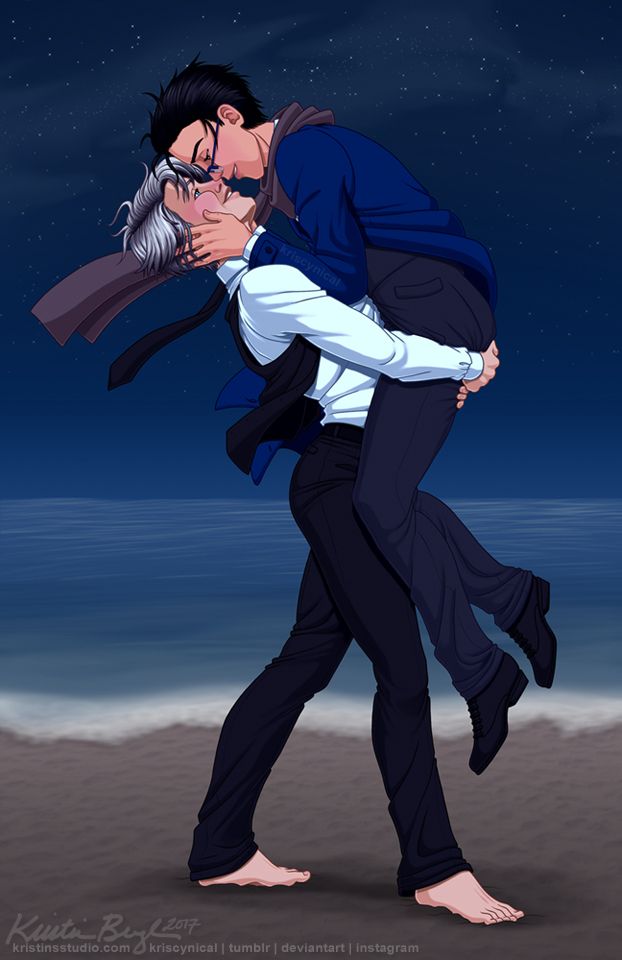 Yuri on Ice illustration titled "Mischief and Adoration" of Yuuri and Victor having a little tipsy fun on the beach. Inspired by the fic "Winter Song" by proantagonist on Ao3. This is yet another use of the night sky from "Lonely".