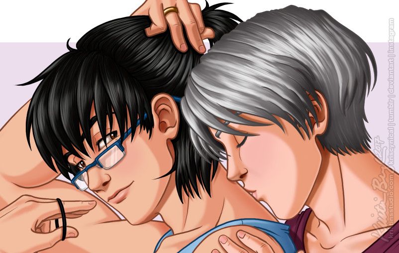 Detail shot of "Morning Routine" of Victor kissing the nape of Yuuri's neck while he's pulling back his hair for the day.