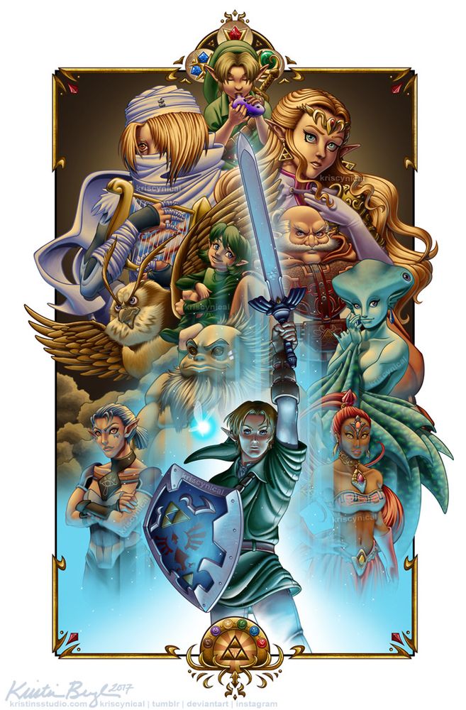 Legend of Zelda illustration titled "The Six Sages" after the temple sages of Ocarina of Time. I wish I'd had the foresight to actually name it The Seven Sages to include Zelda but at this point it's just too late to change it. This is... like... 15 years old now. lol

OoT was my first Zelda game when it released when I was 14. It was my favorite Zelda game and just GAME in general for 19 years, until about 30 minutes into playing BotW in 2017 when it dawned on me that I was playing my favorite video game for the first time so I damn well better savor it. I did the same with TotK six years later.
