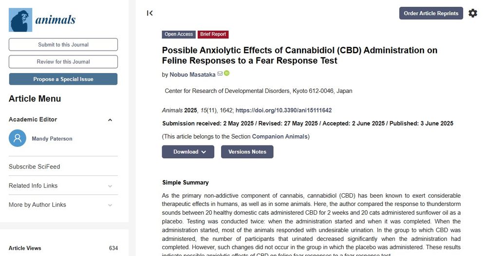 image of journal article in the MDPI journal Animals: Possible Anxiolytic Effects of Cannabidiol (CBD) Administration on Feline Responses to a Fear Response Test
by Nobuo Masataka