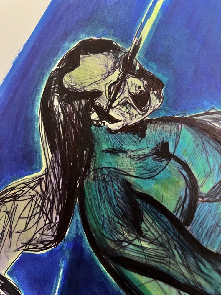 Pen drawing of Ranger Danger in shades of blue and yellow