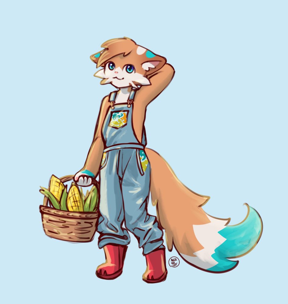 An anthro orange cat carrying a basket of corn