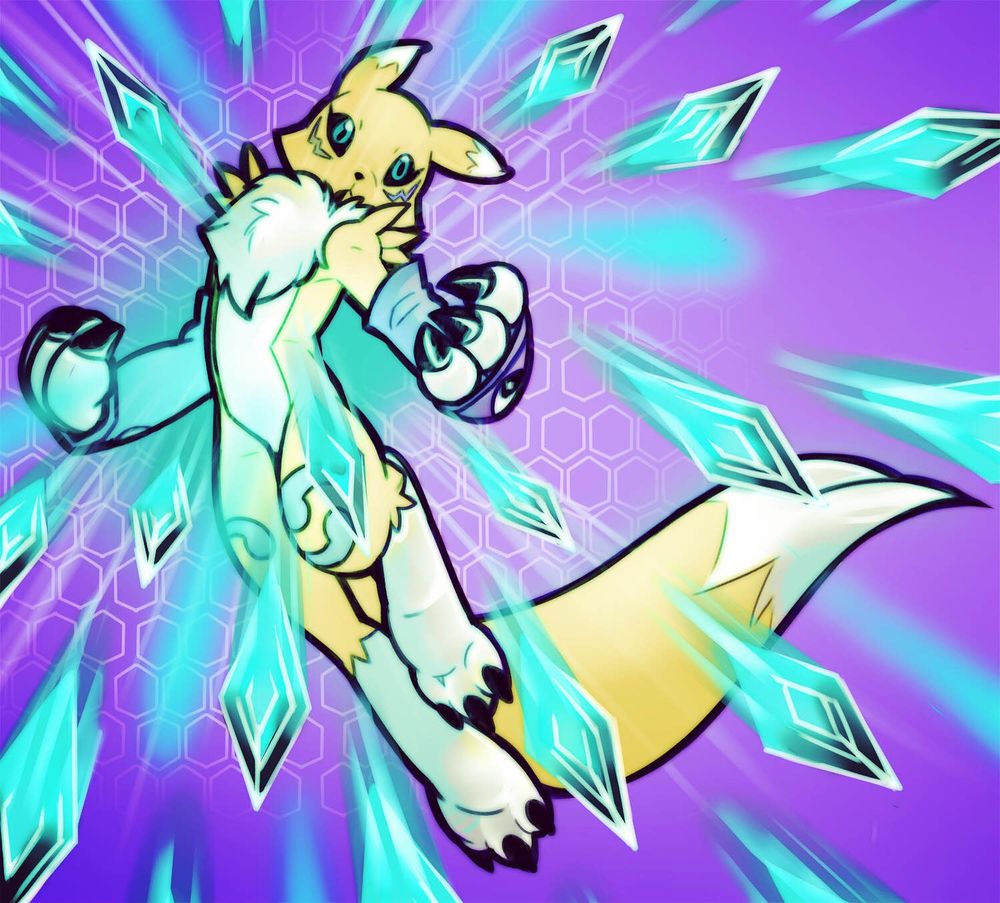 Illustration is fanart art of the Digimon Tamers character, Renamon using her signature attack, Diamond Storm. 
