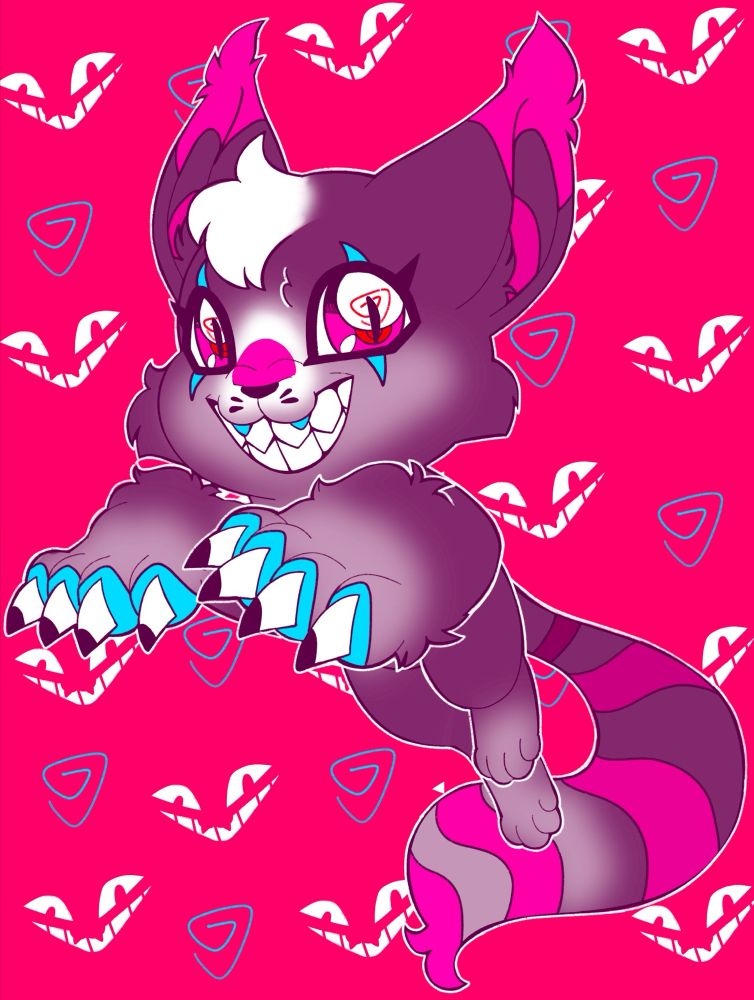 Illustration is of a fan redesign of Gatomon from Digimon Adventure with features inspired by the Cheshire Cat: purple, striped fur, a permanent grin and sharp teeth. 