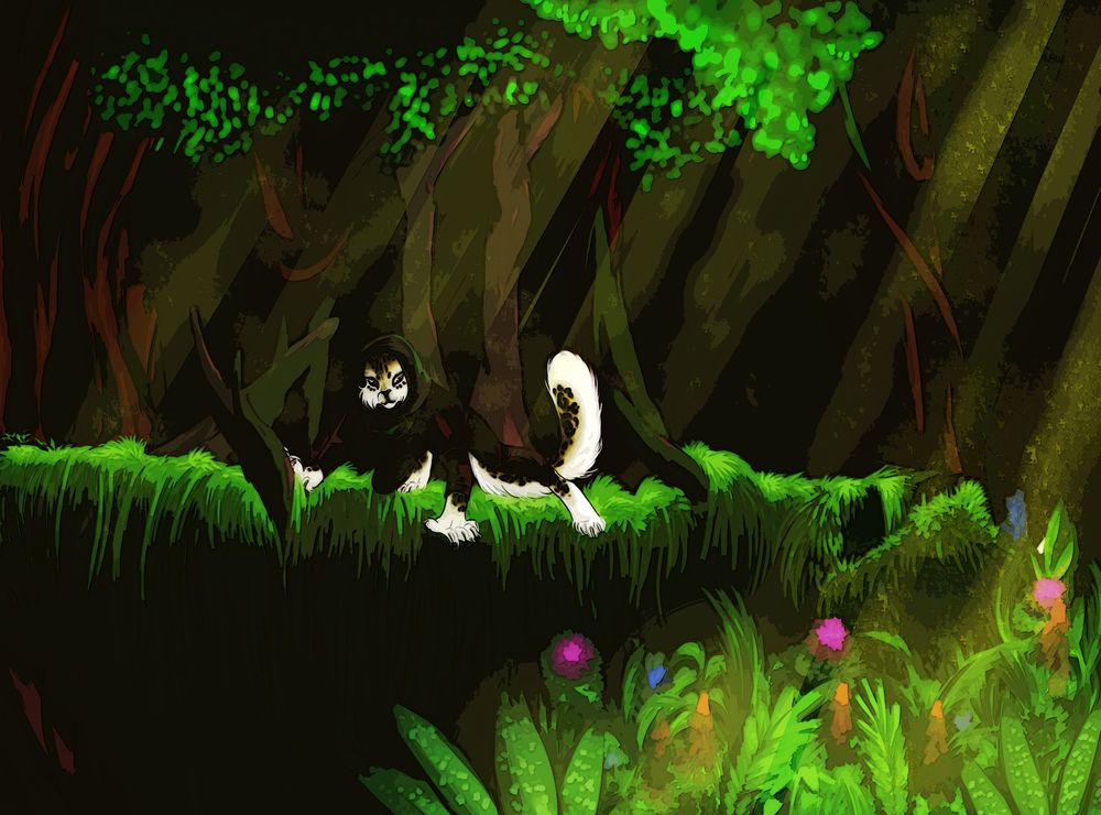 Illustration is of a Leopard Jaguar furry anthro character hidden in the brush with the sunlight trickling down from the canopy.