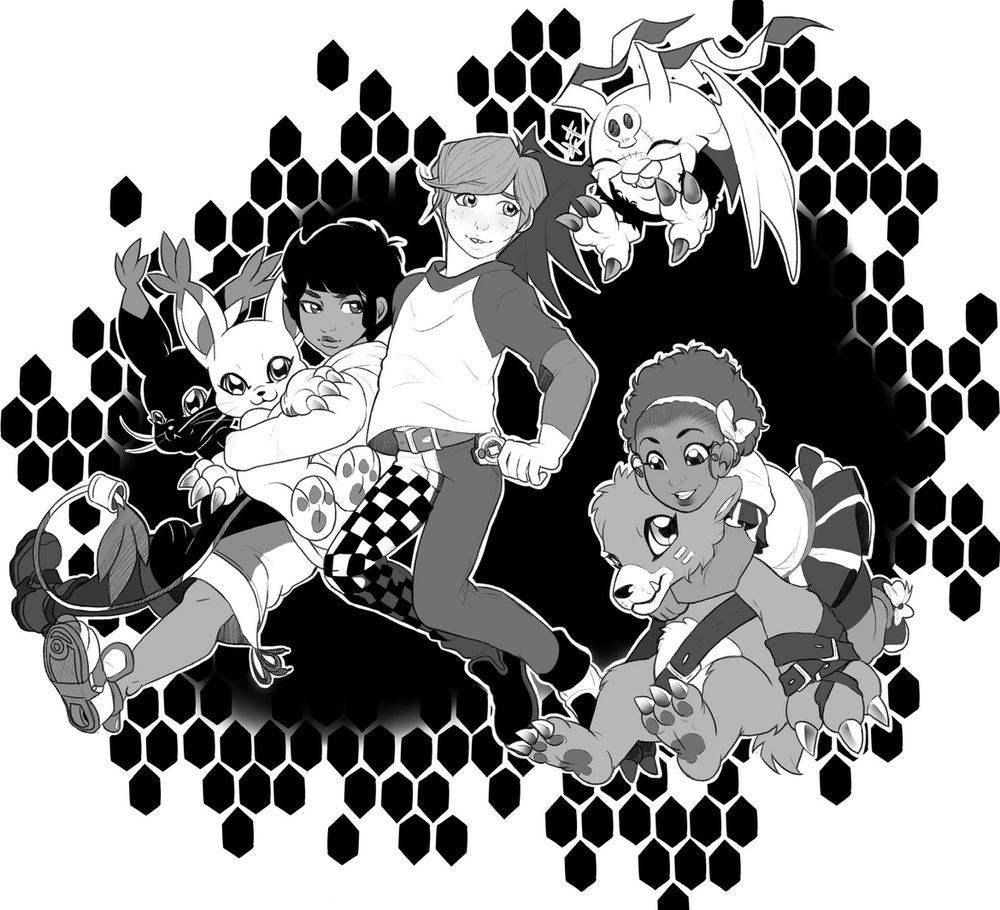 Illustration is of original character children and their Digimon partners. From left to right, Duncan is an olive skinned boy with his partners Blackgatomon and Gatomon. The child in the middle is Bai, a boy with albinism. His partner is Demidevimon. Last is Jamila, a dark skinned girl and the leader of the group with her partner, Bearmon. 