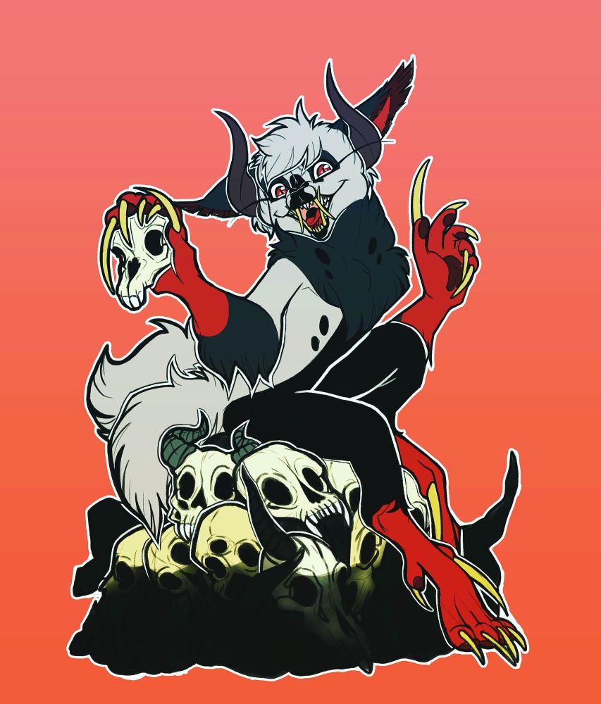 Image is of a furry anthro character with bull horns, a crazed expression, red eyes and tusks protruding from their mouth. Their build is slender, and they’re sitting atop a throne of skulls. Their hands are red, and their nails are unnaturally long. In one claw, they hold a skull with their nails curled around the bone. 