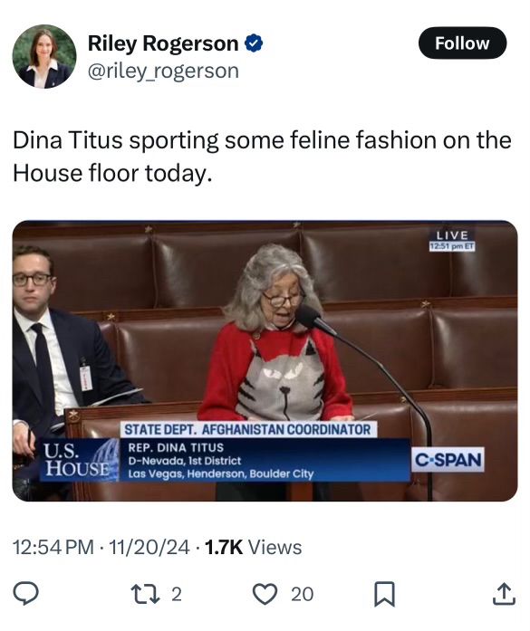 Tweet of Dina Titus wearing a cat sweater on the house floor