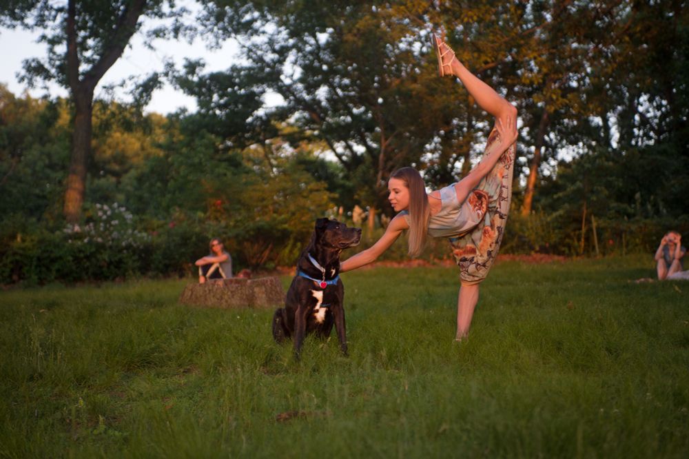 In a park, on a grassy hill: A large black dog with a white chest,  Buddy Rhodes, sitting nicely as a dancer leans on him in a dance pose, one leg up in the air 