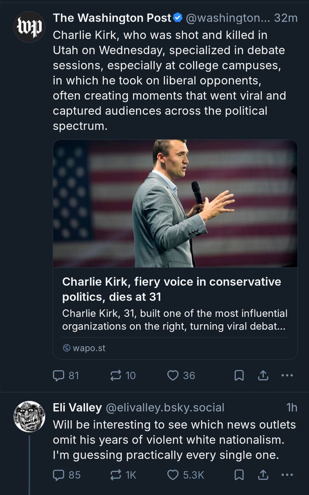 Eli Valley's post immediately after a WaPo skeet talking about Charlie Kirk as a "fiery voice in conservative politics"