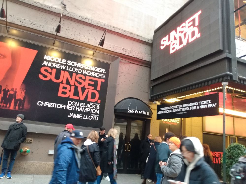 A photo of the marquee outside the St. James theater where Sunset Blvd is playing. 