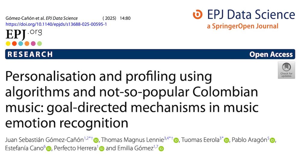 this is top portion of the article displaying the title of the study, Personalisation and profiling using
 algorithms and not-so-popular Colombian
 music: goal-directed mechanisms in music
emotion recognition