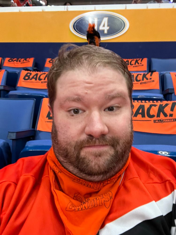It me, in my Bandits jersey and bandana, in the arena before the game one of the National Lacrosse League Finals between the Buffalo Bandits and the Saskatchewan Rush on May 16, 2025.