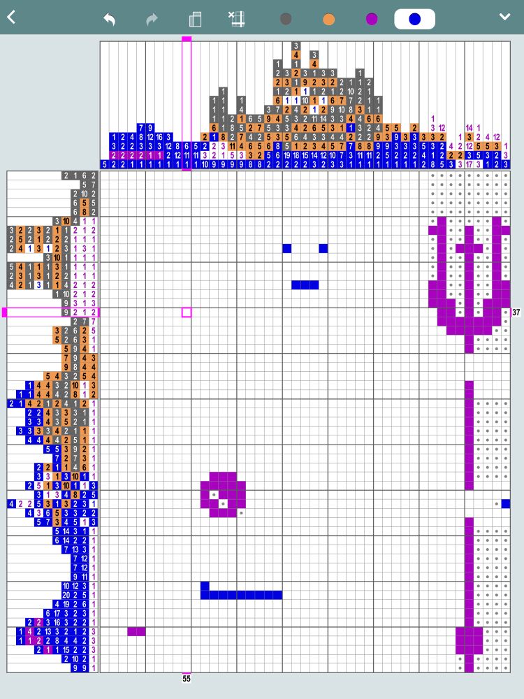 An unfinished picross puzzle with a trident, a floating orb, and a tiny face.