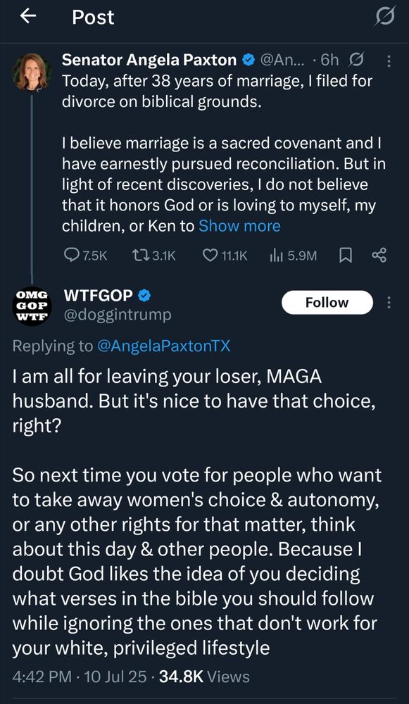 Twitter post from TX Gov Ken Paxtons wife announcing divorce on biblical grounds due to recent "discoveries." 