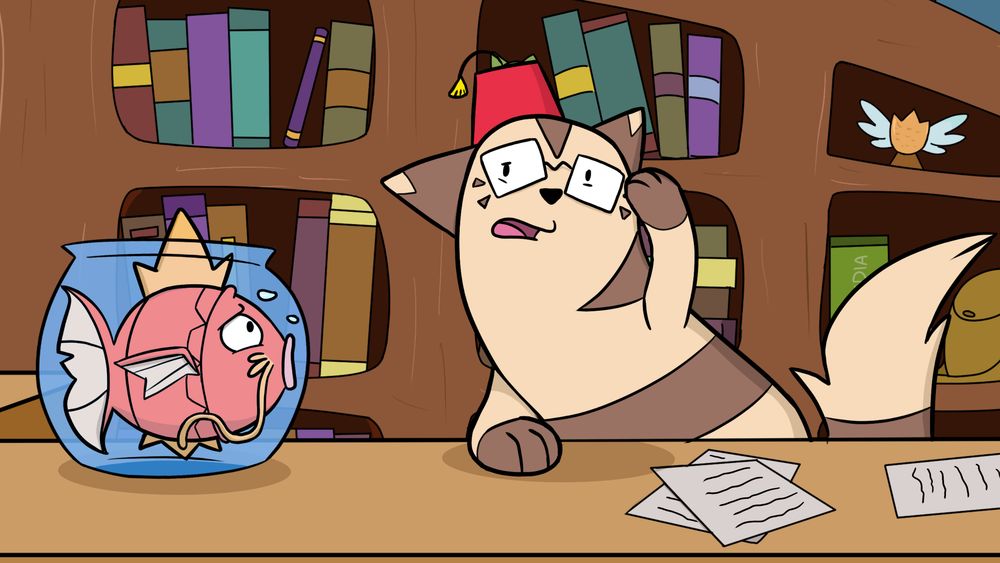 A Furret wearing a fez and a Magikarp in a small bowl looking concerned and discombobulated