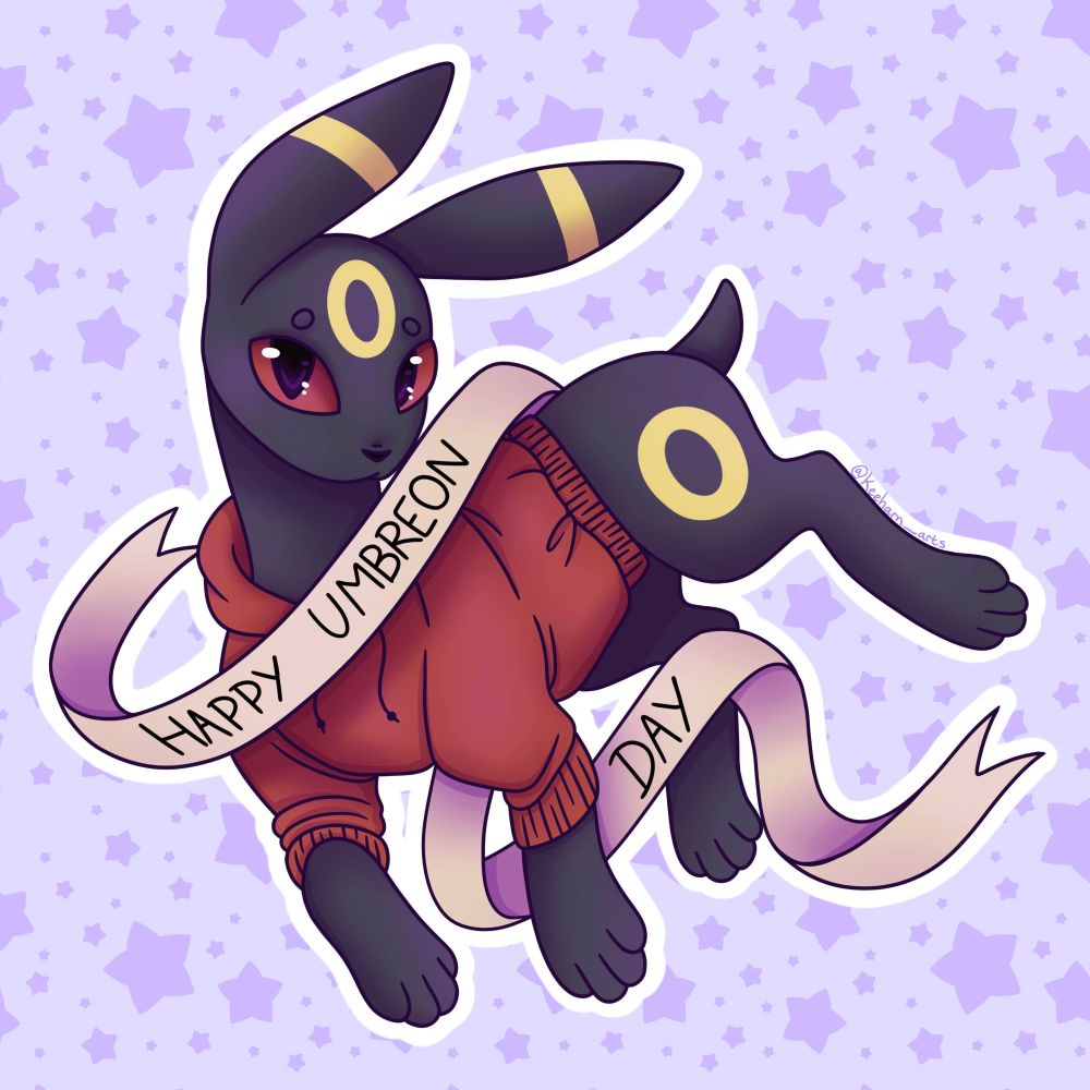 Umbreon with a short tail and red hoodie posed in front of a purple, starry background. There is a ribbon wrapped around him that says "Happy Umbreon Day"