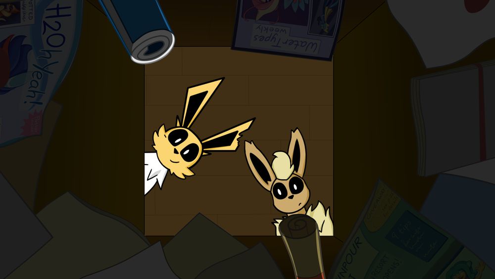 Art of Jolteon and Flareon looking down into a box full of letters.