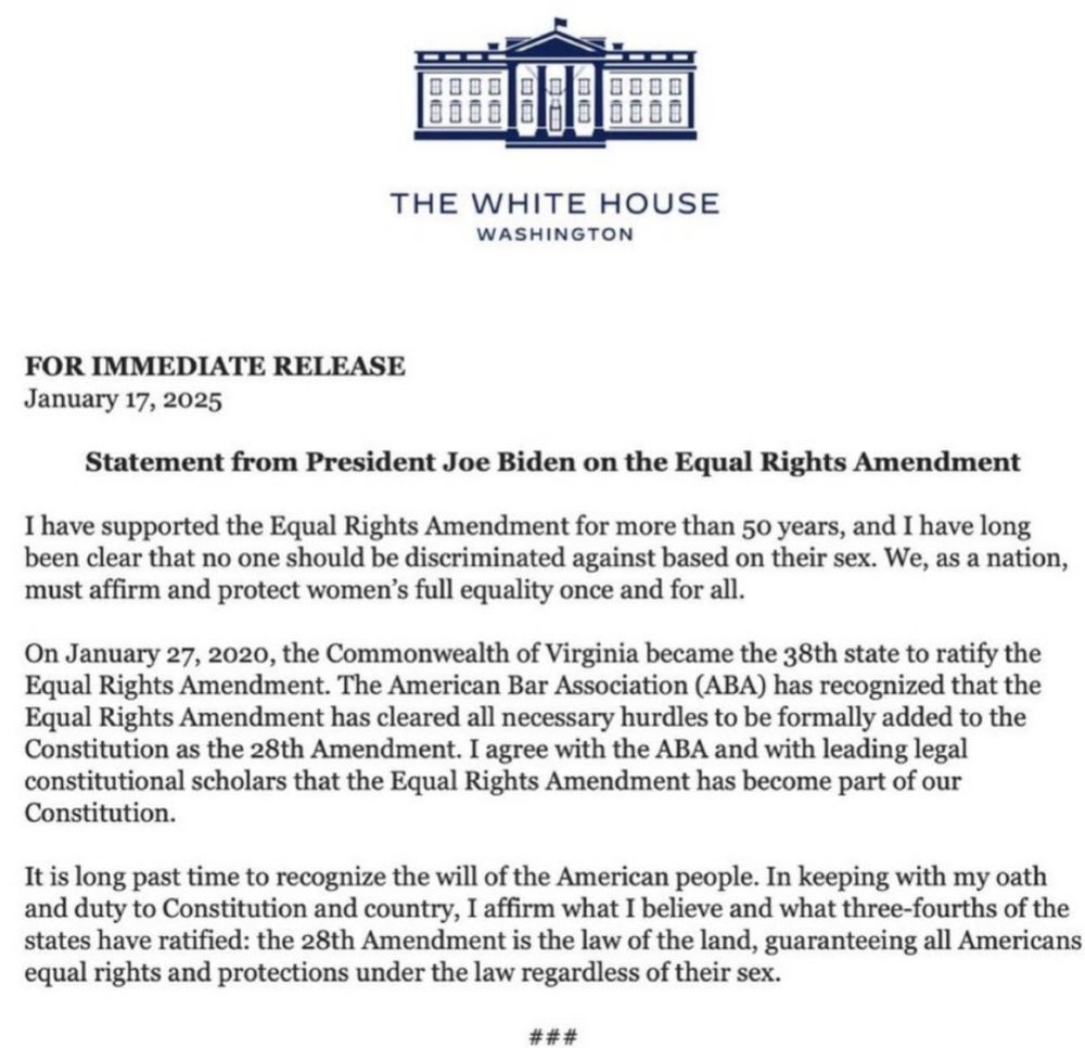 Letter from the White House with President Biden's comments about publishing the ERA as the 28th Amendment to the U.S. Constitution.
