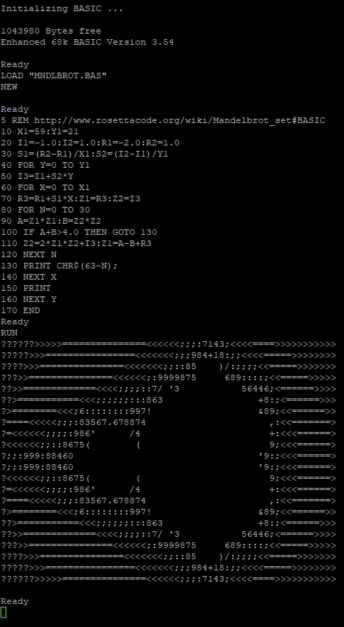 Loading and a BASIC program from disk and running it on one user console of Multibasic, a minimal multiuser kernel for Wrap030, my 68030 homebrew computer.