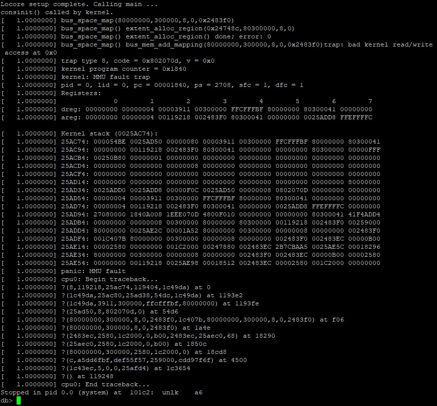 Kernel panic printout, which is great because it means that now my homebrew computer is getting far enough along in the NetBSD startup process to actually be able to generate a kernel panic.