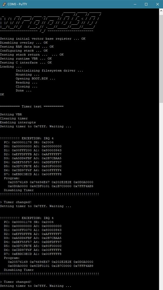 Serial terminal output from "Wrap030", a 68030 homebrew computer, showing the startup sequence and booting a test program from disk. The test program is initializing a hardware timer, which is triggering an interrupt (IRQ 4). The test program is acknowledging the interrupt, returning to the main loop, and resetting the timer.