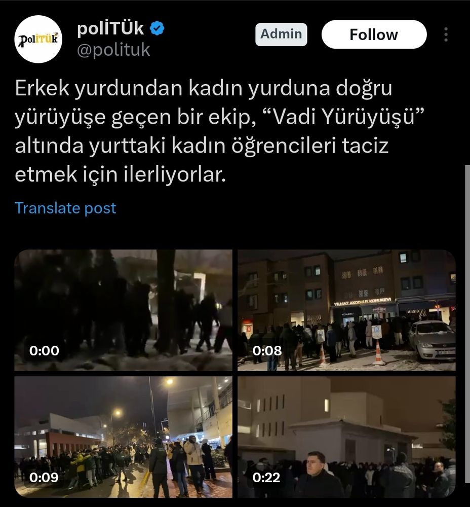 "Erkek yurdundan kadın yurduna doğru yürüyüşe geçen bir ekip, “Vadi Yürüyüşü” altında yurttaki kadın öğrencileri taciz etmek için ilerliyorlar." 
