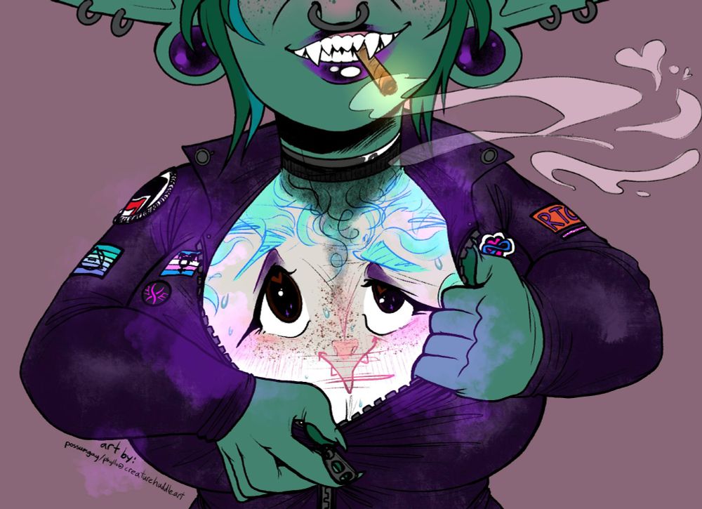 A digital illustration of Razii the goblin grinning, wearing a jacket adorned with numerous patches and buttons, and smoking a blunt. She is unzipping her top to reveal Phyllo the opossum, transformed into her undergarments. Oddly purple clouds of stink pour out in this version.