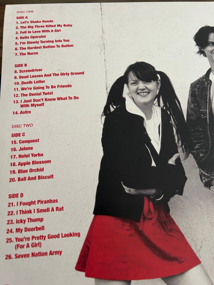 Track listing for The White Stripes greatest hits vinyl record. 