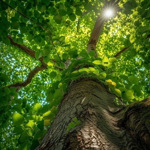 Looking up a tree with bright green leaves with sunlight lighting up the canopy. 