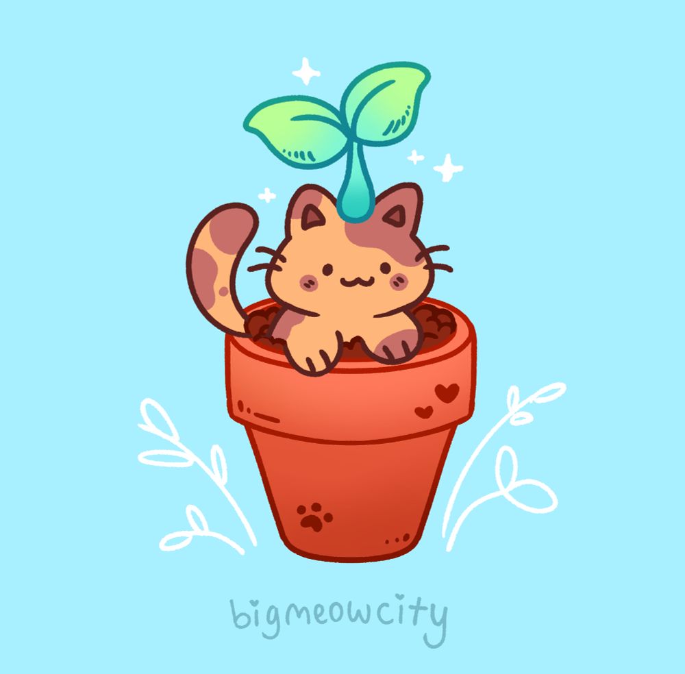 an illustration of a tan and brown cat, he has brown markings on his head, tail, back, and right paw. There is a green sprout growing out of his head. His name is Potato. He is sitting in a terracotta pot with dirt in it. The background is light blue with white doodles around the drawing, little plants towards the bottom and sparkles near the sprout.
The text at the bottom reads: BigMeowCity 
