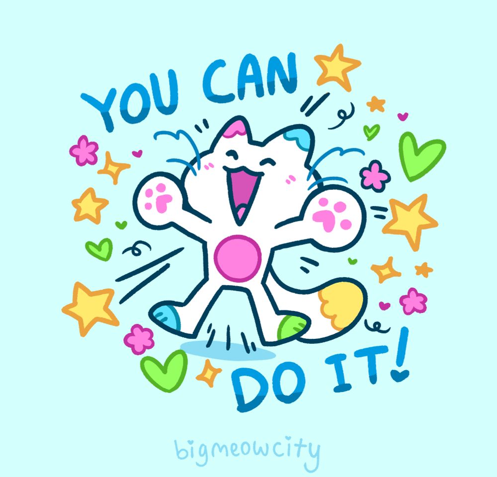 A illustration of a stylized white cat with green, pink, yellow, and blue markings. The cat is jumping up with a happy expression on their face. They are surrounded by doodle lines, stars, hearts, and flowers. The text around them says: "YOU CAN DO IT!" The background is a light blue color and the text at the very bottom is a watermark that reads "BigMeowCity"