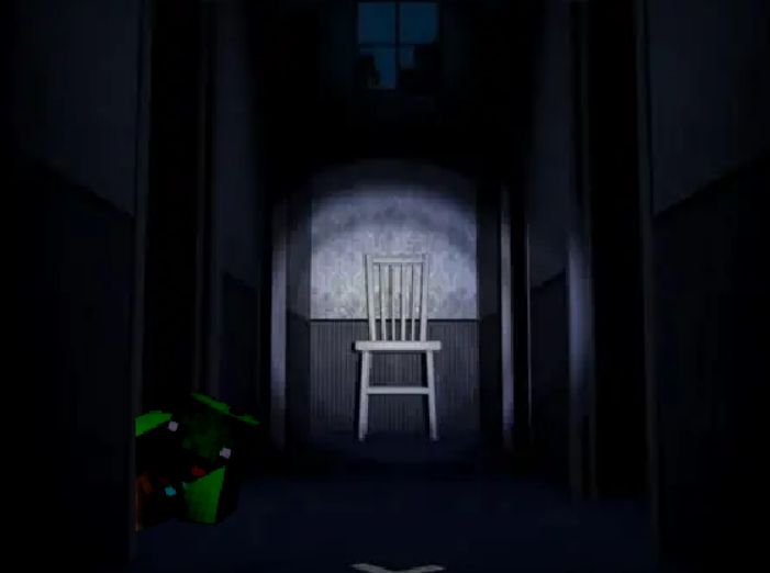 the room from the Fun with Plushtrap minigame from FNaF 4, with a png of VTuber Vedal987 from a VR Minecraft collab stream with VTuber Camila, lurking in the hallway